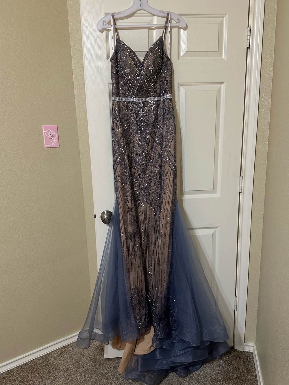 Embellished Navy and Nude Beaded Prom Gown